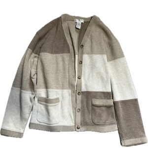 Jones New York, 100% Cotton Beige, Flannel, Button Sweater Cardigan, Size Large